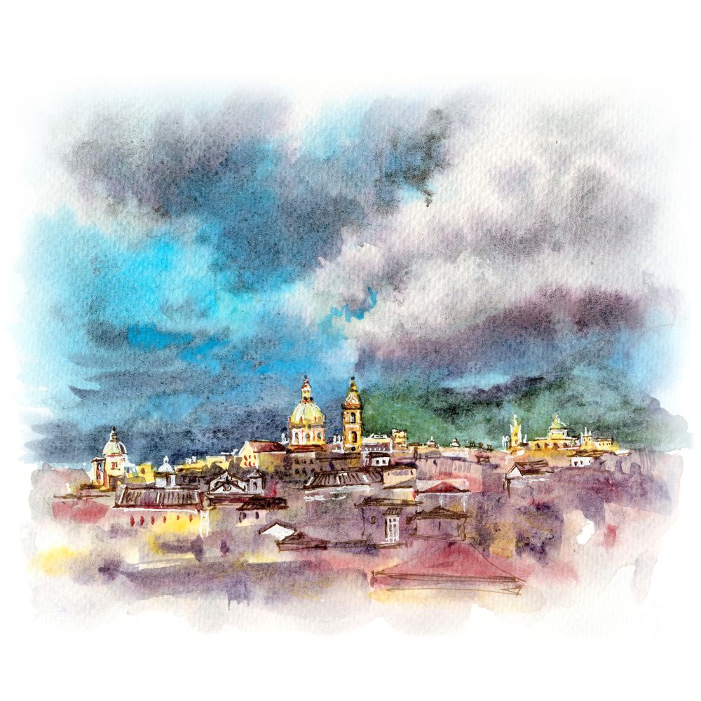 Watercolor sketch of Palermo at sunset, Sicily, Italy. Palermo at sunset, Sicily, Italy