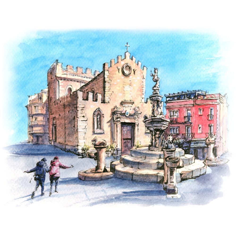 Watercolor sketch of Cathedral of Taormina and fountain on the square Piazza Duomo in Taormina, Sicily, Italy. Piazza Duomo in Taormina, Sicily, Italy