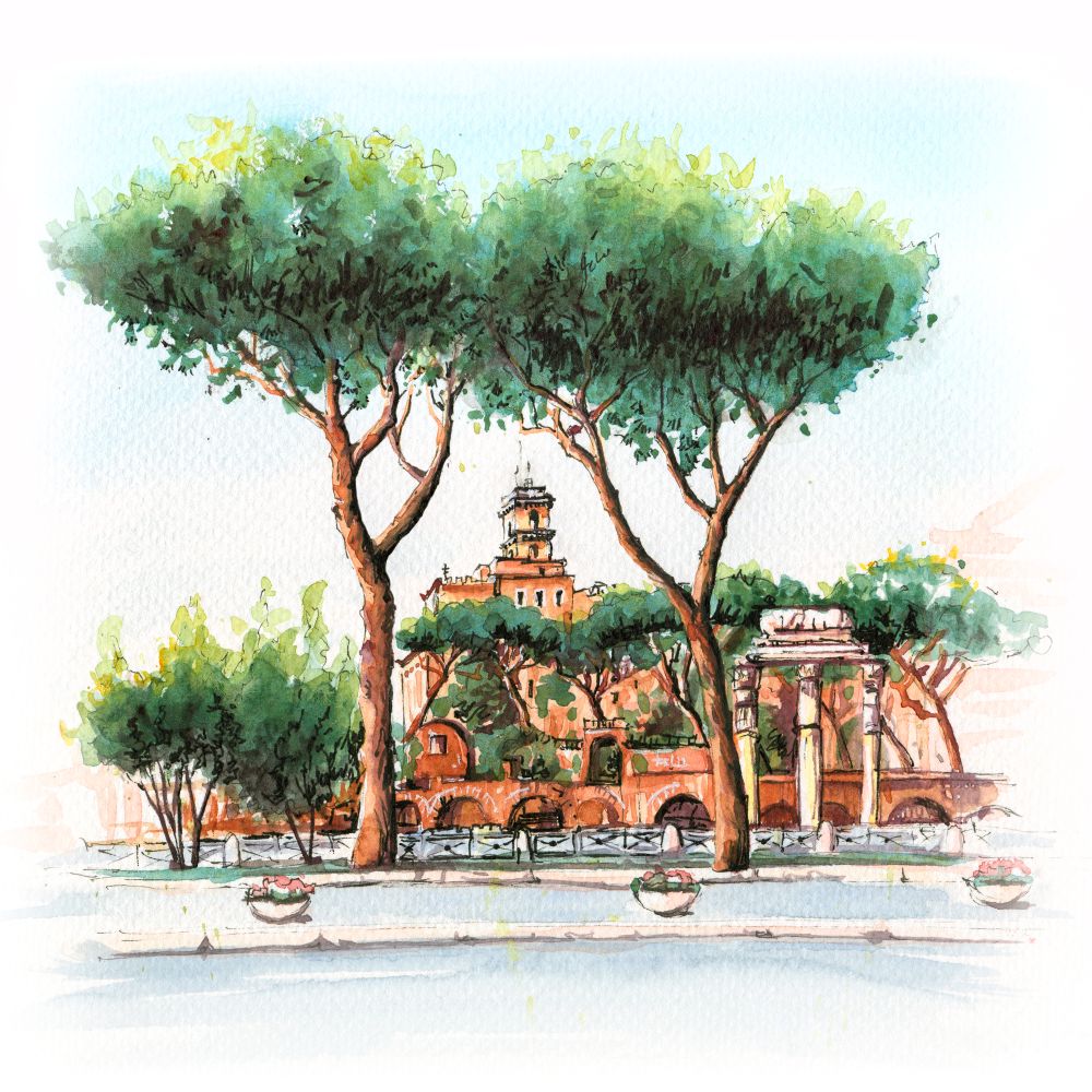 Watercolor sketch of Typical Roman tower, ruins and Stone pine trees in the old city in Rome, Italy.. Scenic city view of Rome, Italy