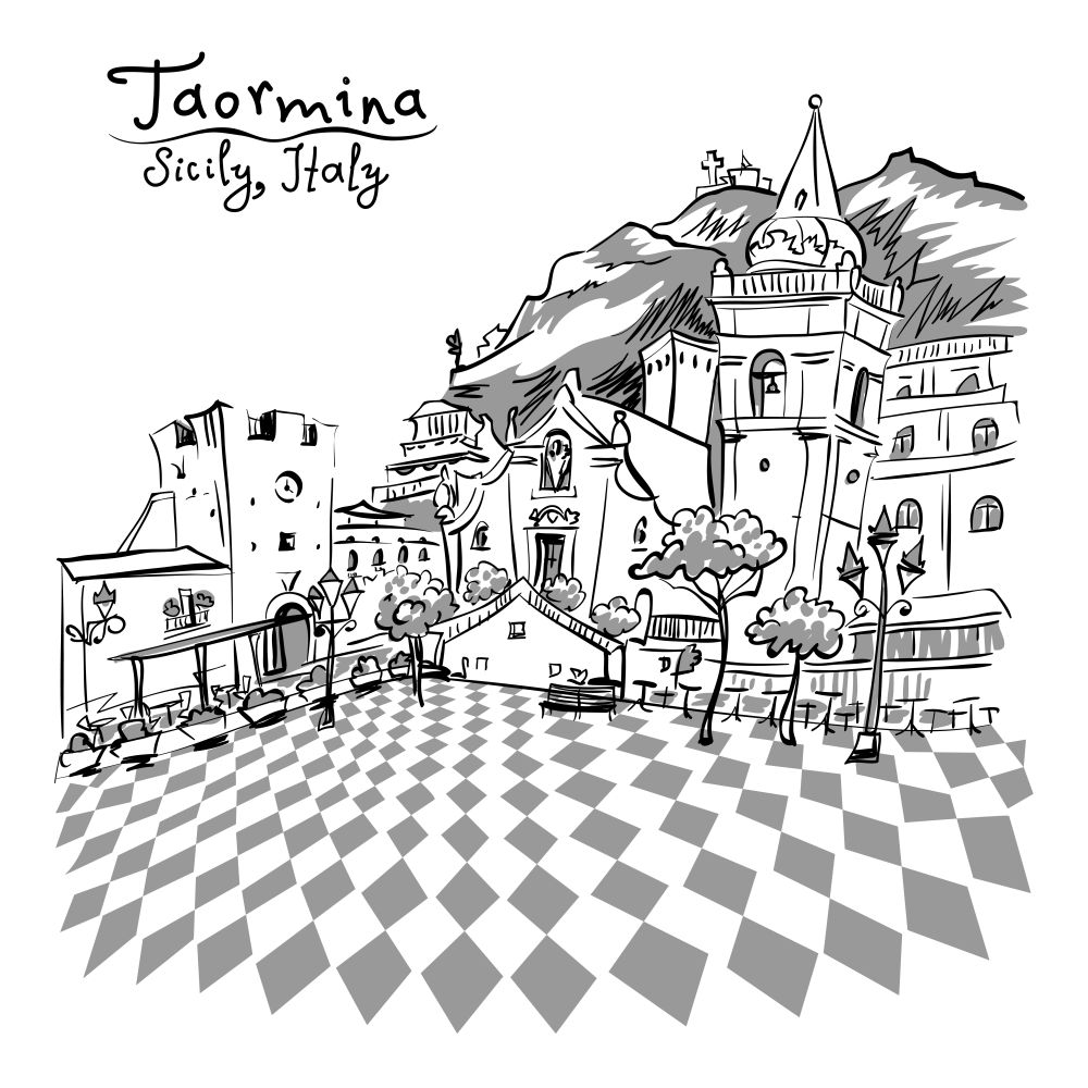 Vector black and white hand drawing. The square Piazza IX Aprile in Taormina, Sicily, Italy. Piazza IX Aprile in Taormina, Sicily, Italy