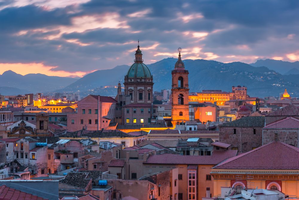 Aerial view of Palermo with Church of the Gesu at sunset, Sicily, Italy. Palermo at sunset, Sicily, Italy