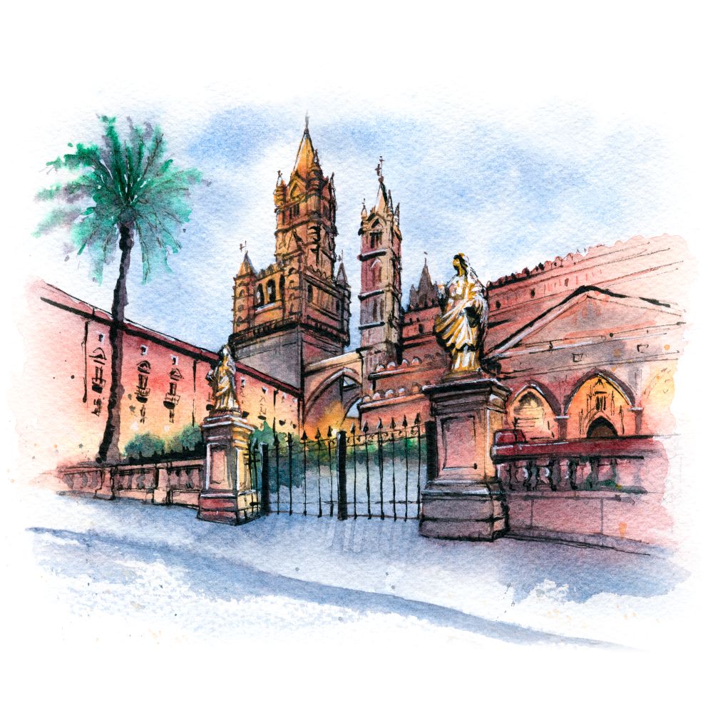 Watercolor sketch of Metropolitan Cathedral of the Assumption of Virgin Mary in Palermo in the morning, Sicily, Italy. Palermo cathedral, Sicily, Italy