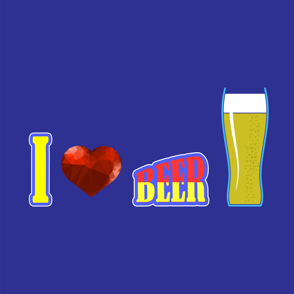 Beer Glass and Red Polygonal Heart on on Blue Background. Beer Glass and Red Polygonal Heart