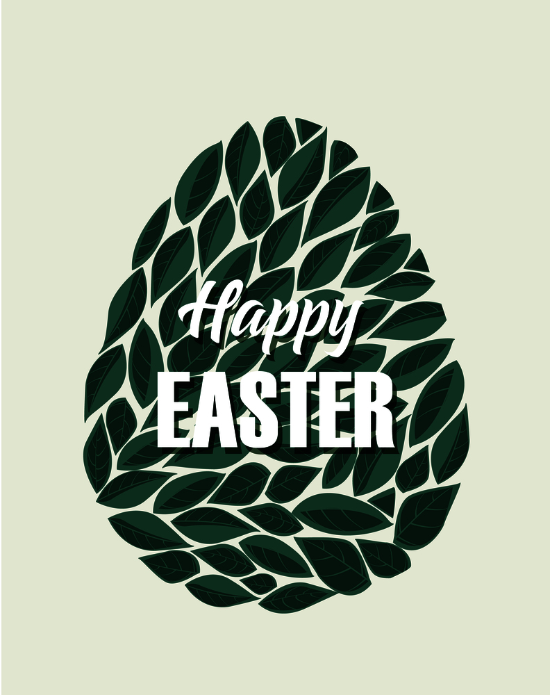 Vector illustration of Easter eggs. Natural background with leaves. Easter eggs with leaves