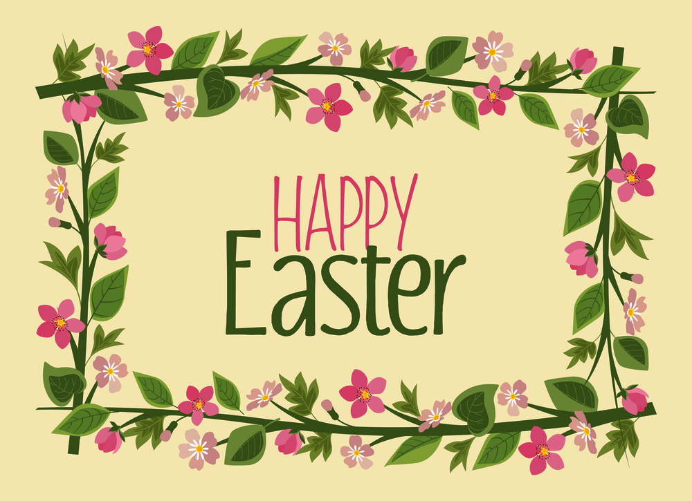 Vector illustration of Easter frame with branches and leaves, Easter eggs. Easter frame with branches
