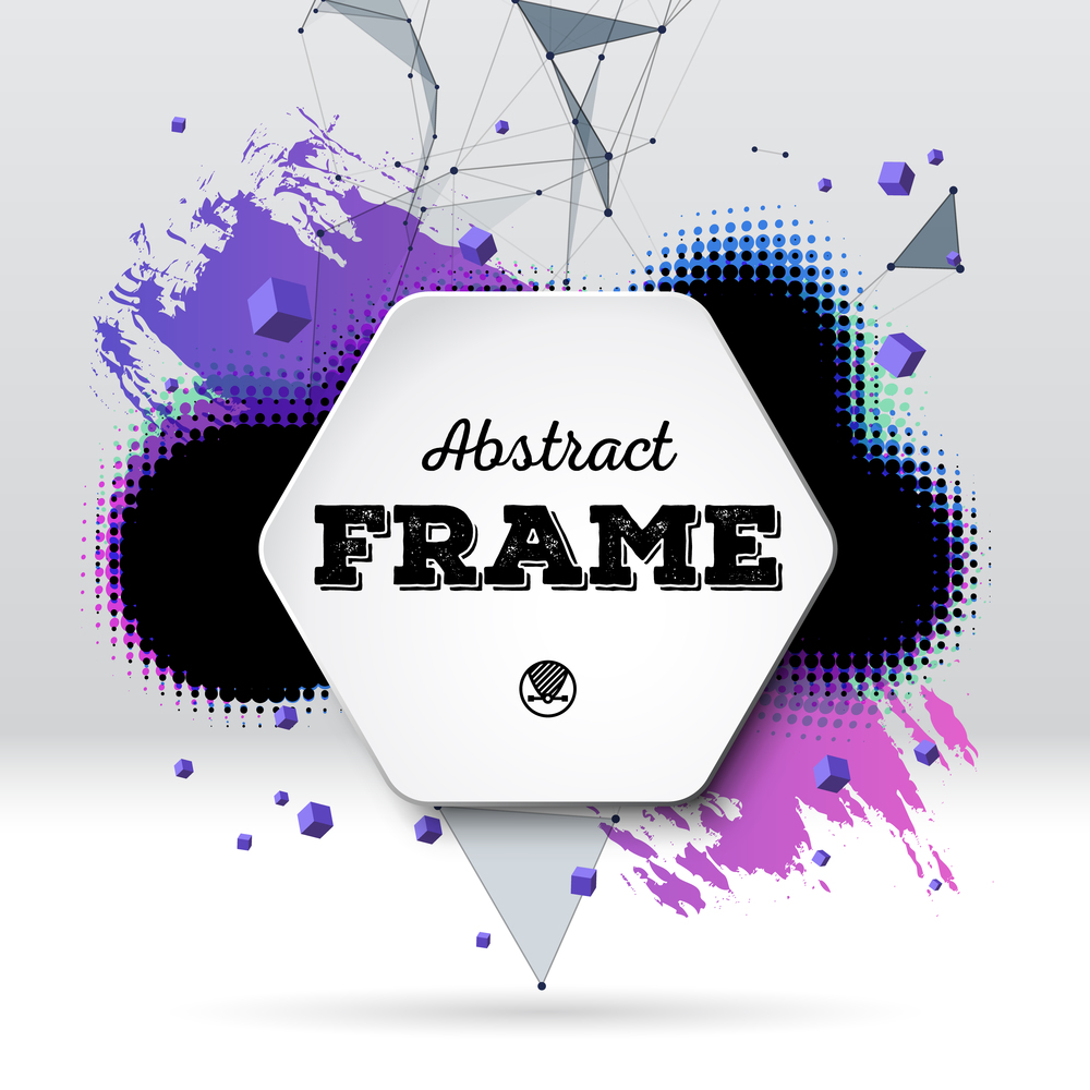 Background with colorful brush stroke, black halftone blot, triangular dotted grid and frame