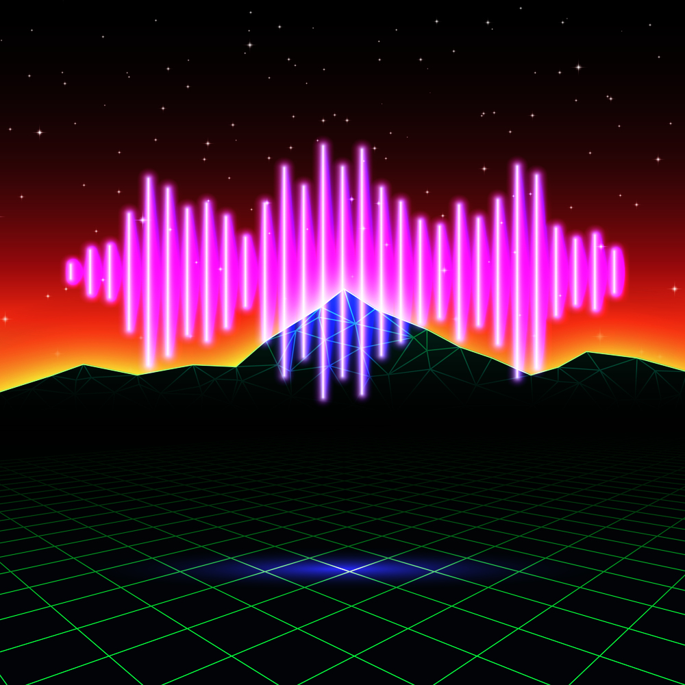 Retro gaming neon background with music wave