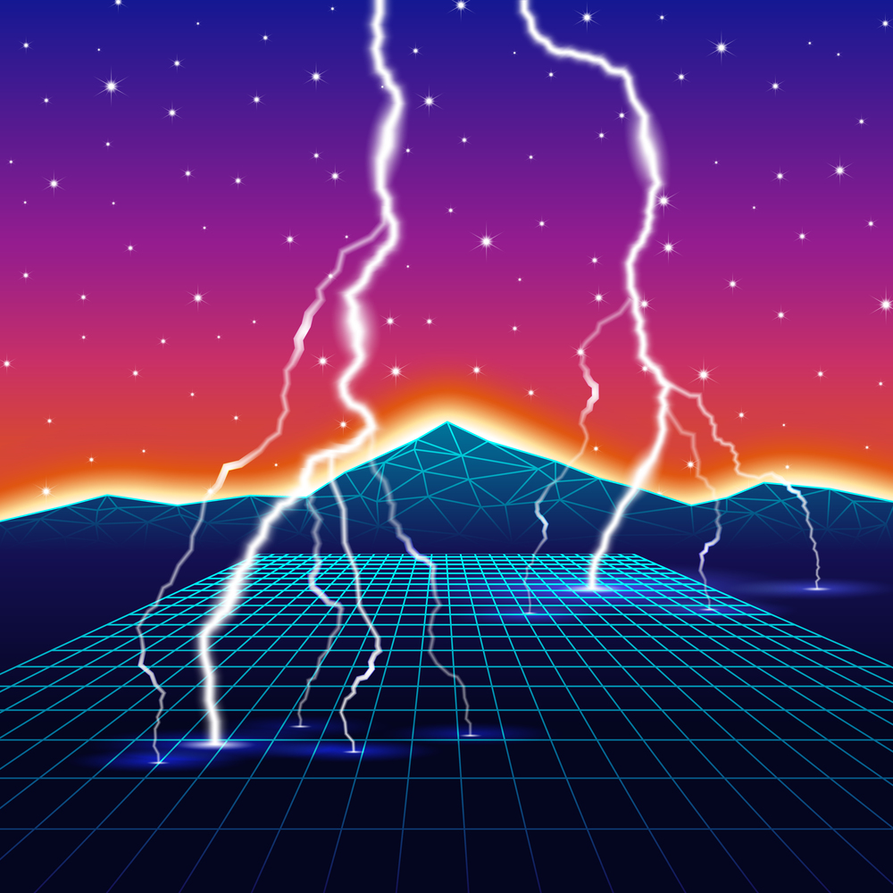 Neon new retro wave landscape with lightning