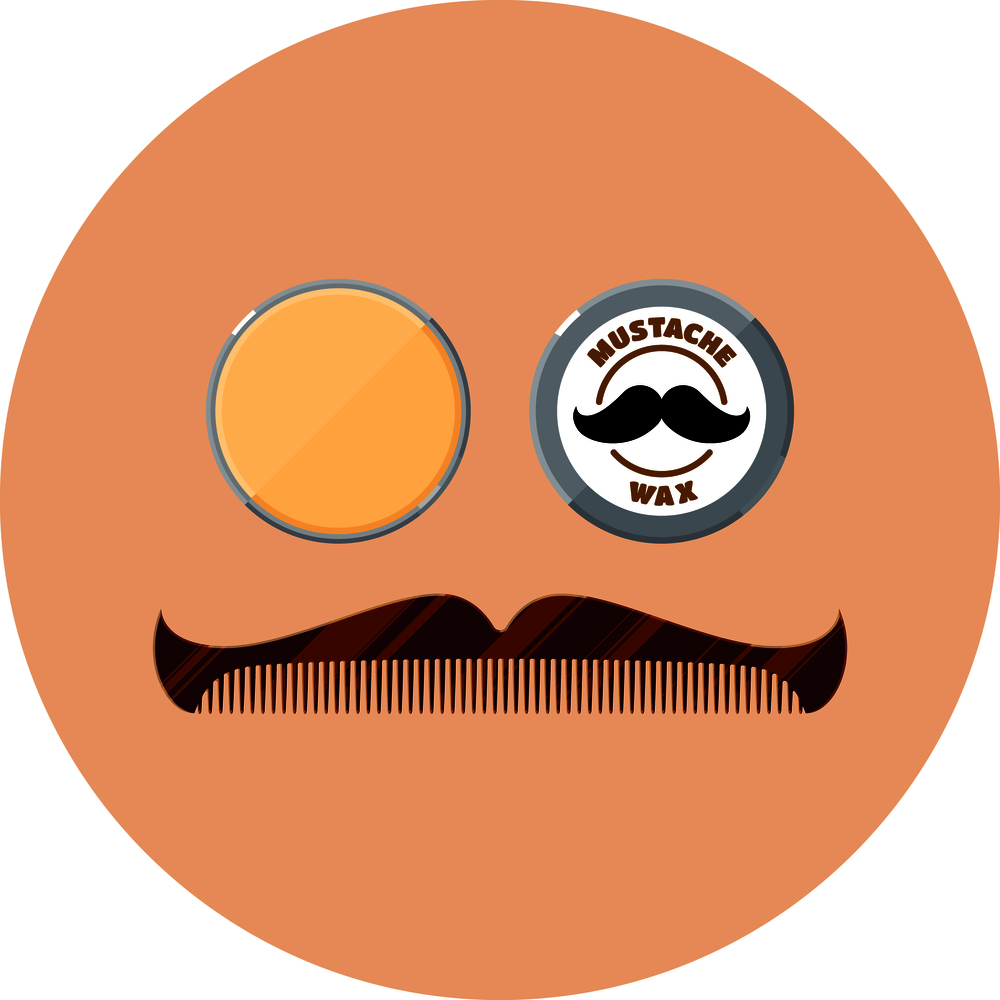 Mustache wax and hipster mustache shaped comb flat icons