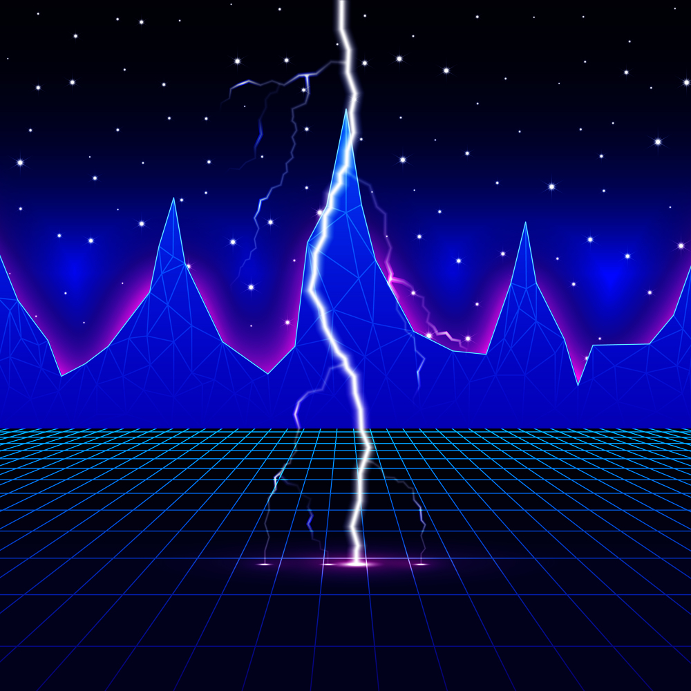 Neon new retro wave landscape with lightning