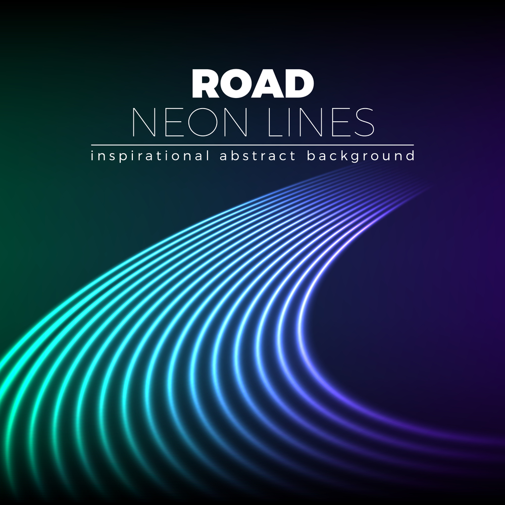 Neon lines background with 80s style road turn