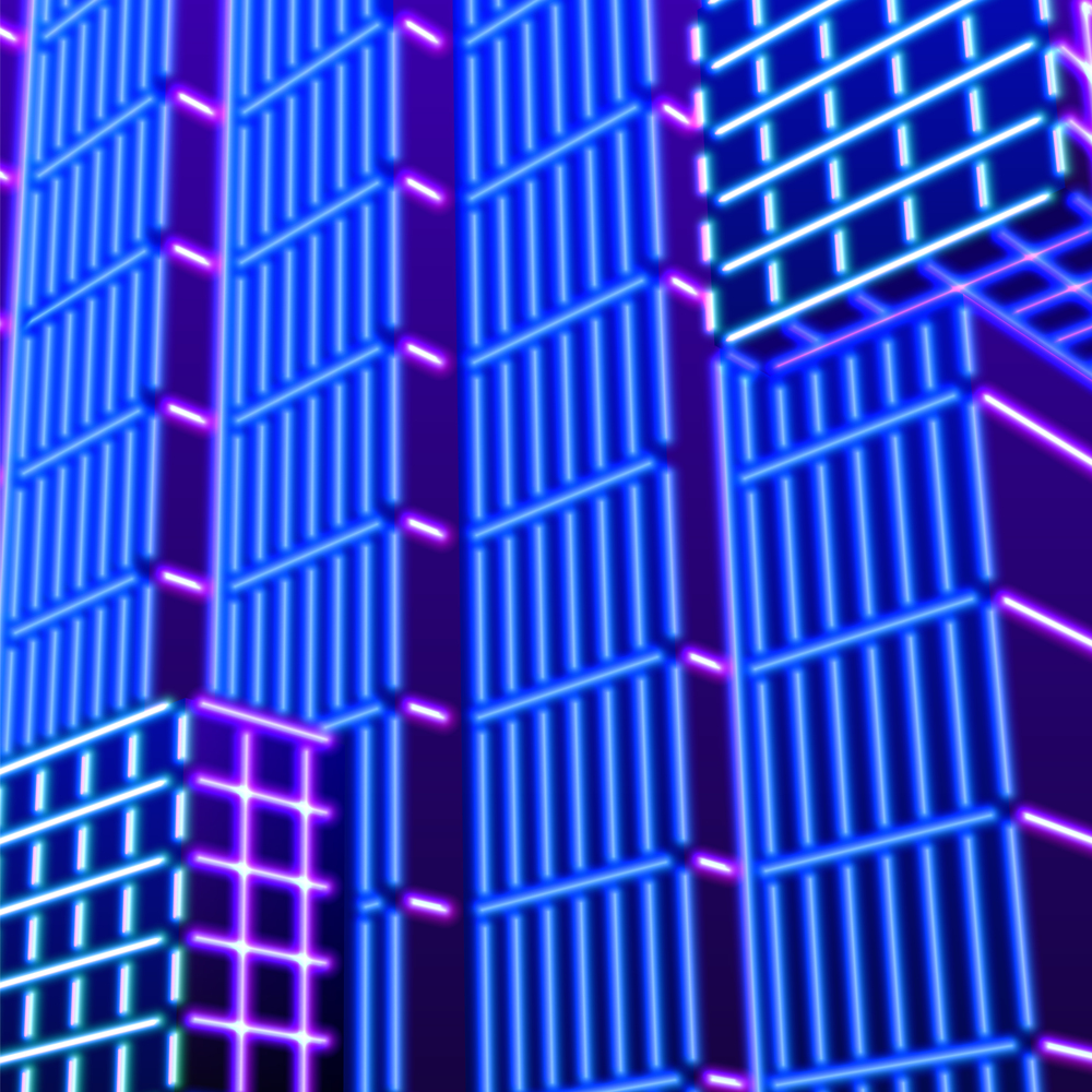 Neon background with ultraviolet glowing grid of 80s styled blue and purple landscape or laser structures in abstract 80s gaming neon graphics