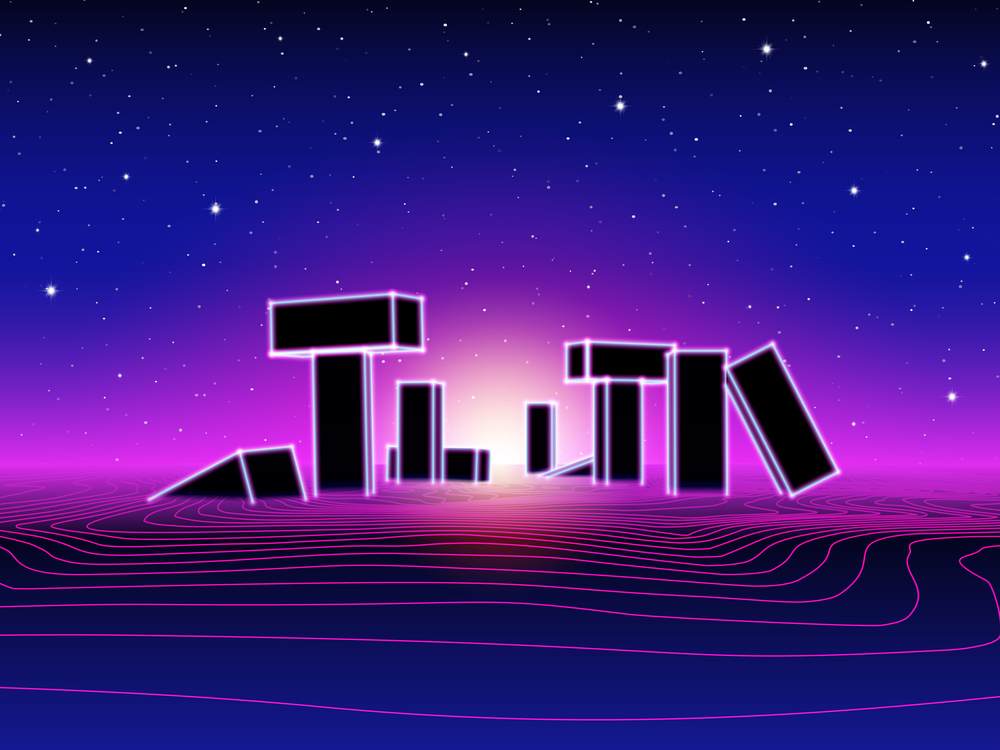 Neon topographic grid landscape with 80s retro wave game style, ancient stone ruins with neon lights and ultraviolet sunset for party posters