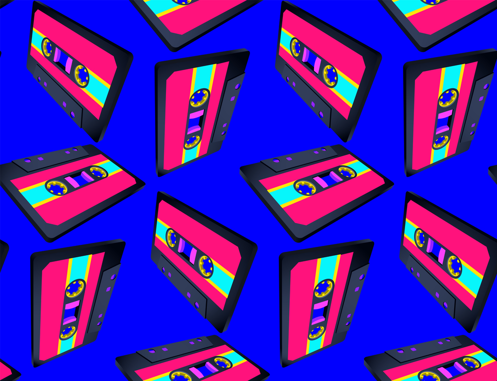 Compact cassette seamless pattern with floating or flying 80s styled tape in perspective view