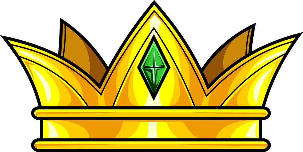 Cartoon Golden Crown With Green Diamond. Vector Hand Drawn Illustration Isolated On Transparent Background