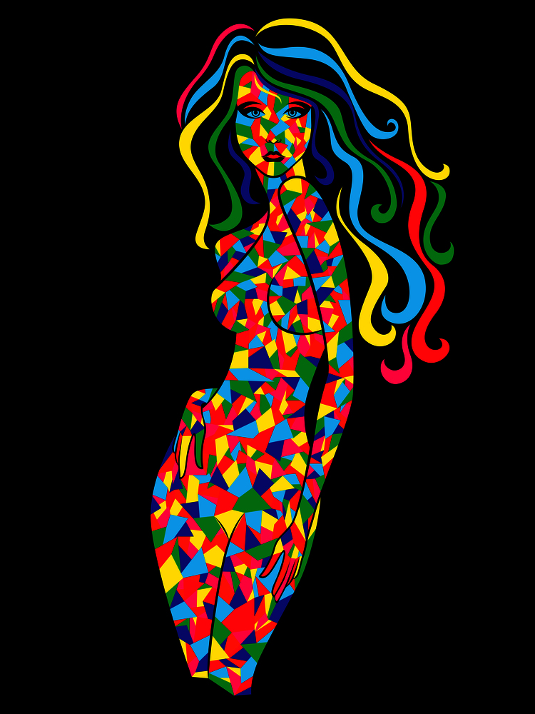 Multicolored figure of a slim girl with luxurious hair and body of abstract shapes on the black background, hand drawing vector illustration