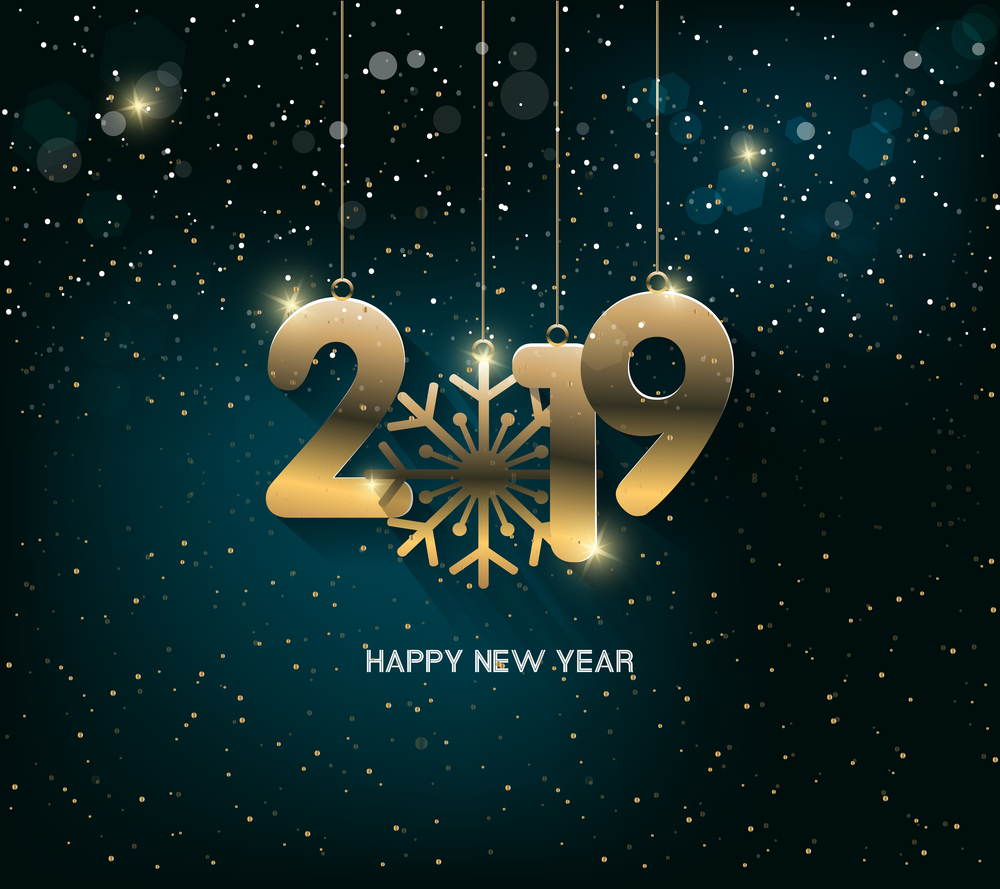 Happy New Year 2019 with fireworks background. Chienese New Year, Year of the Pig.