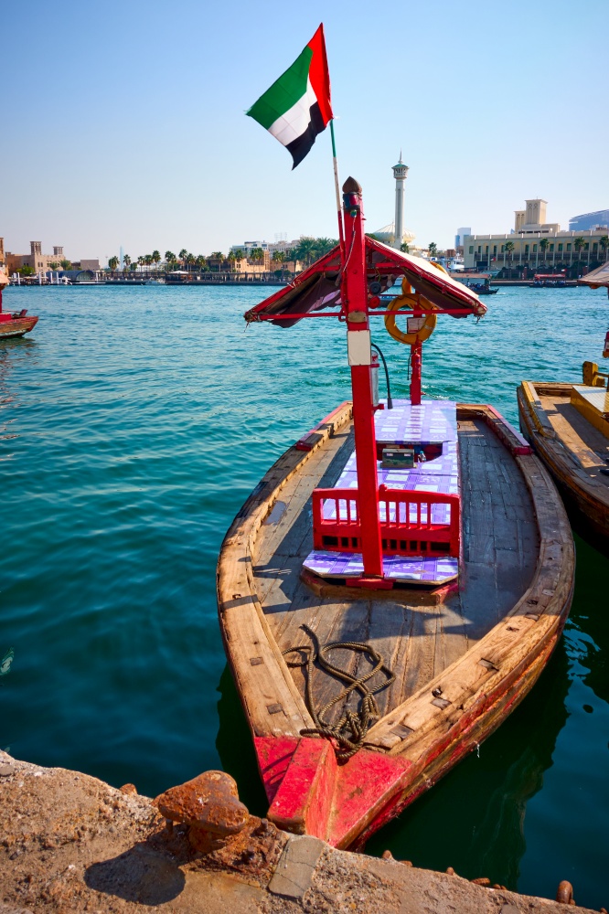 Traditional arabian abra boat at the Creek in Deira, Dubai, United Arab Emirates