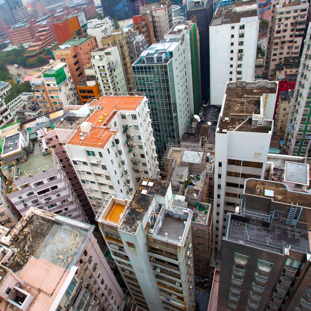 Old apartment buildings in Hong Kong, China. View from above