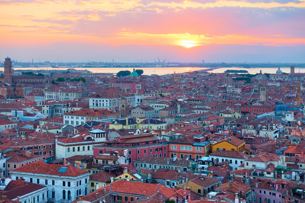 Venice at sunset, Italy. Scenic view from above, panorama of the city