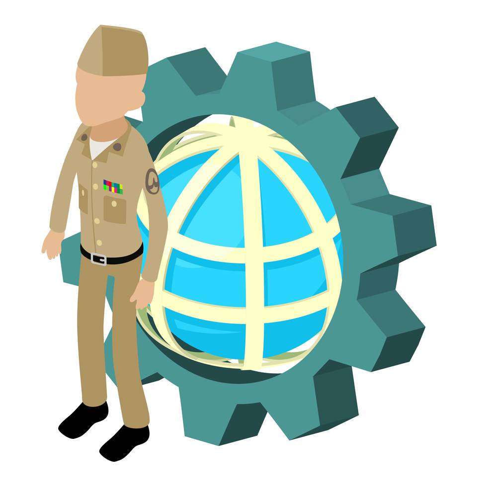 Infantry soldier icon isometric vector. Soldier in military uniform, globe grid. Military serviceman, army concept. Infantry soldier icon isometric vector. Soldier in military uniform globe grid