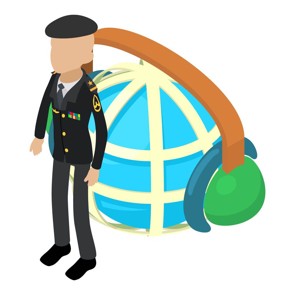 Soldier veteran icon isometric vector. Old man soldier in uniform and globe grid. Military serviceman, army concept. Soldier veteran icon isometric vector. Old man soldier in uniform and globe grid