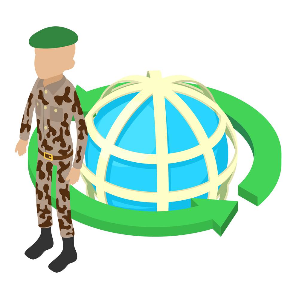 Green beret icon isometric vector. Army sergeant in military uniform near planet. Military serviceman, army concept. Green beret icon isometric vector. Army sergeant in military uniform near planet