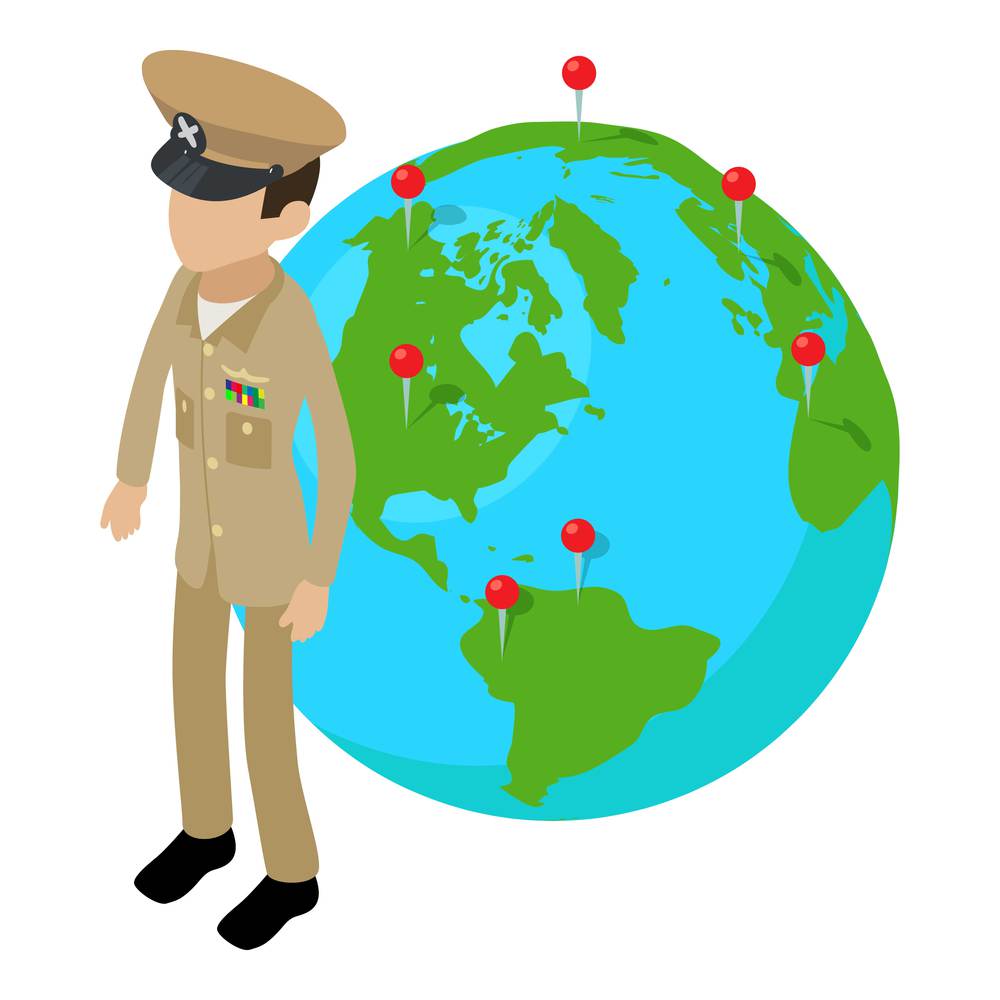 Officer icon isometric vector. Man officer on background of planet with red pin. Commander, army concept. Officer icon isometric vector. Man officer on background of planet with red pin