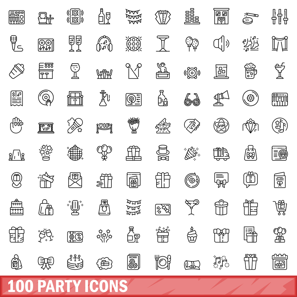 100 party icons set. Outline illustration of 100 party icons vector set isolated on white background. 100 party icons set, outline style
