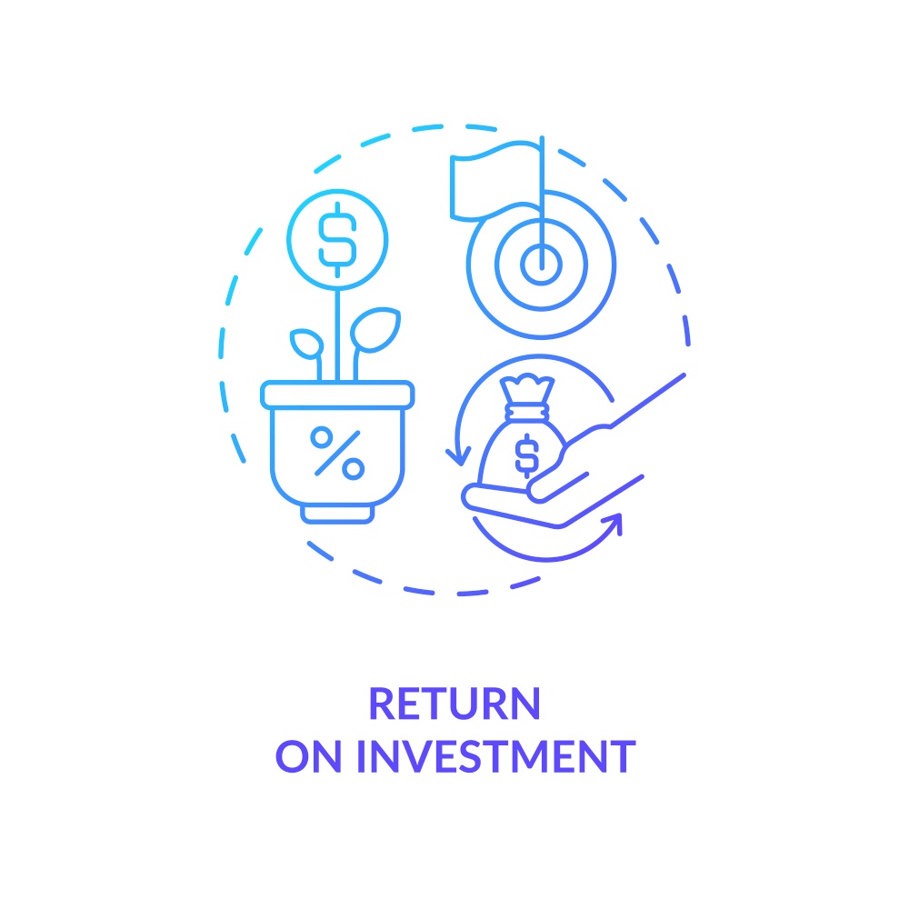 Return on investment blue gradient concept icon. Profitable business deal. Financial success. Generate gain abstract idea thin line illustration. Isolated outline drawing. Myriad Pro-Bold font used. Return on investment blue gradient concept icon