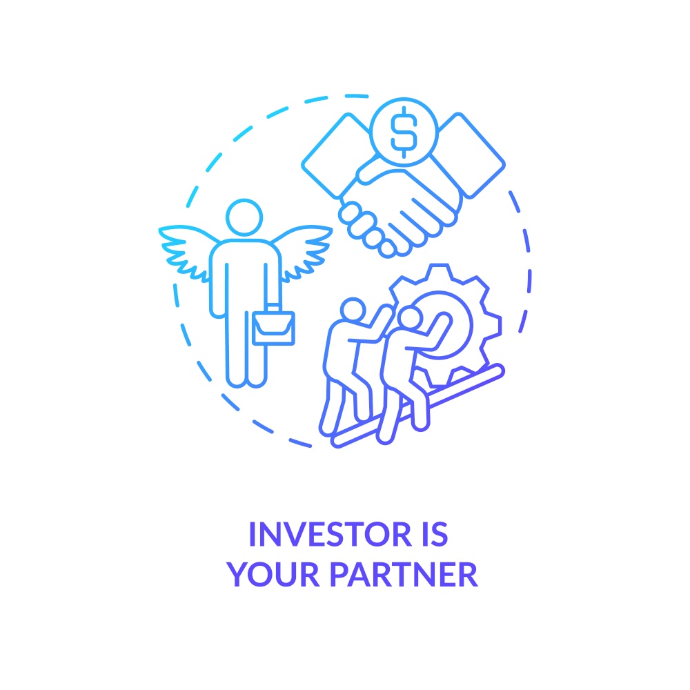 Investor is your partner blue gradient concept icon. Business assistance. Qualified support. Mentoring abstract idea thin line illustration. Isolated outline drawing. Myriad Pro-Bold font used. Investor is your partner blue gradient concept icon