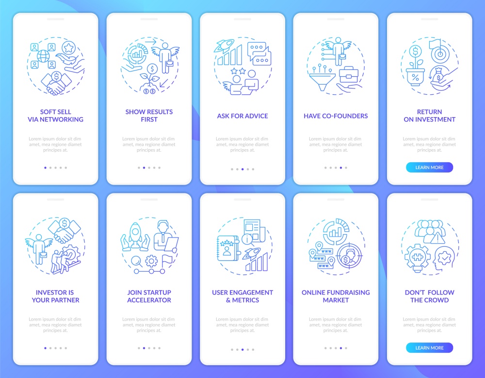 Engage investors onboarding blue gradient mobile app screen set. Walkthrough 5 steps editable graphic instructions with linear concepts. UI, UX, GUI template. Myriad Pro-Bold, Regular fonts used. Engage investors onboarding blue gradient mobile app screen set