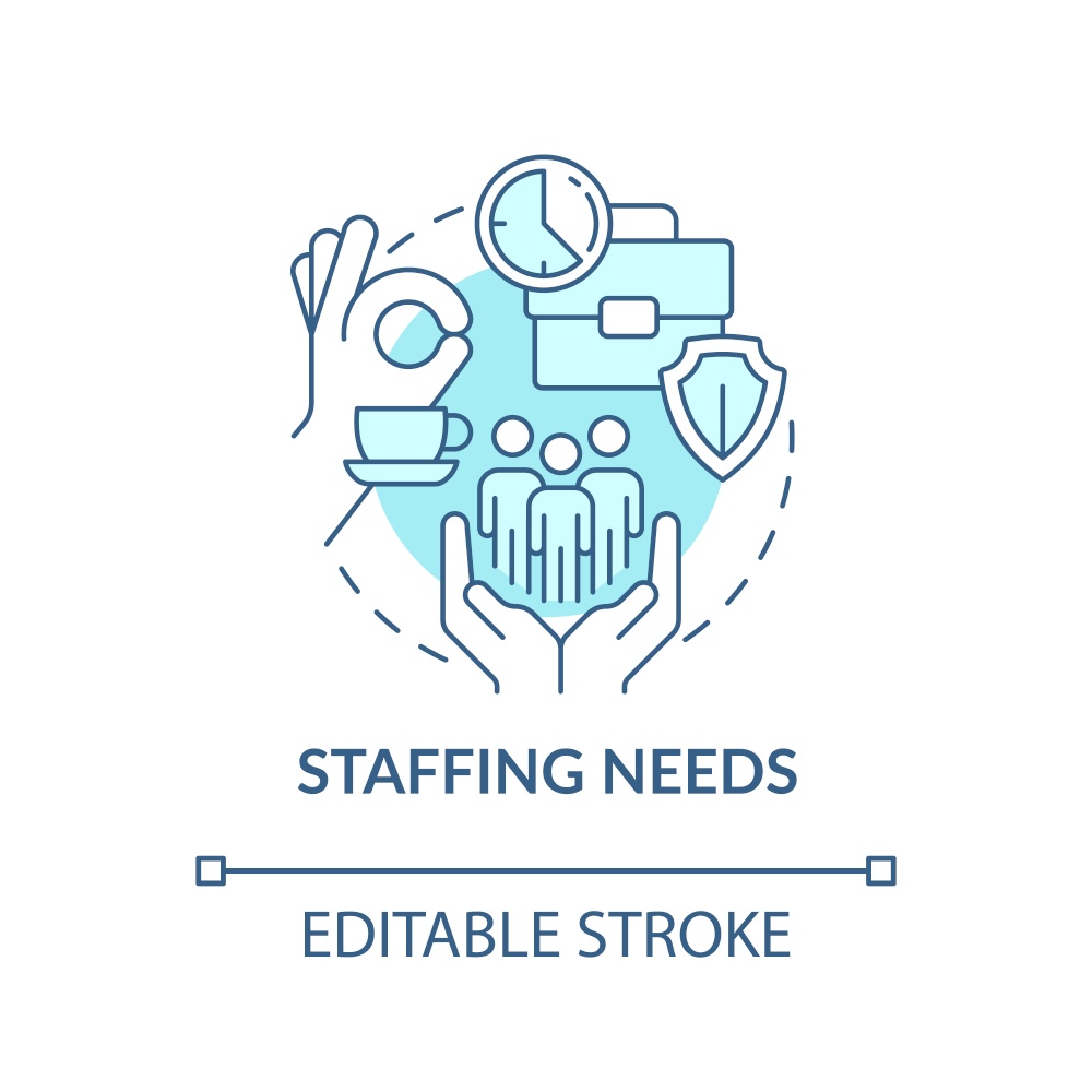 Staffing needs turquoise concept icon. Rest breaks. Avoiding workplace injuries tip abstract idea thin line illustration. Isolated outline drawing. Editable stroke. Arial, Myriad Pro-Bold fonts used. Staffing needs turquoise concept icon