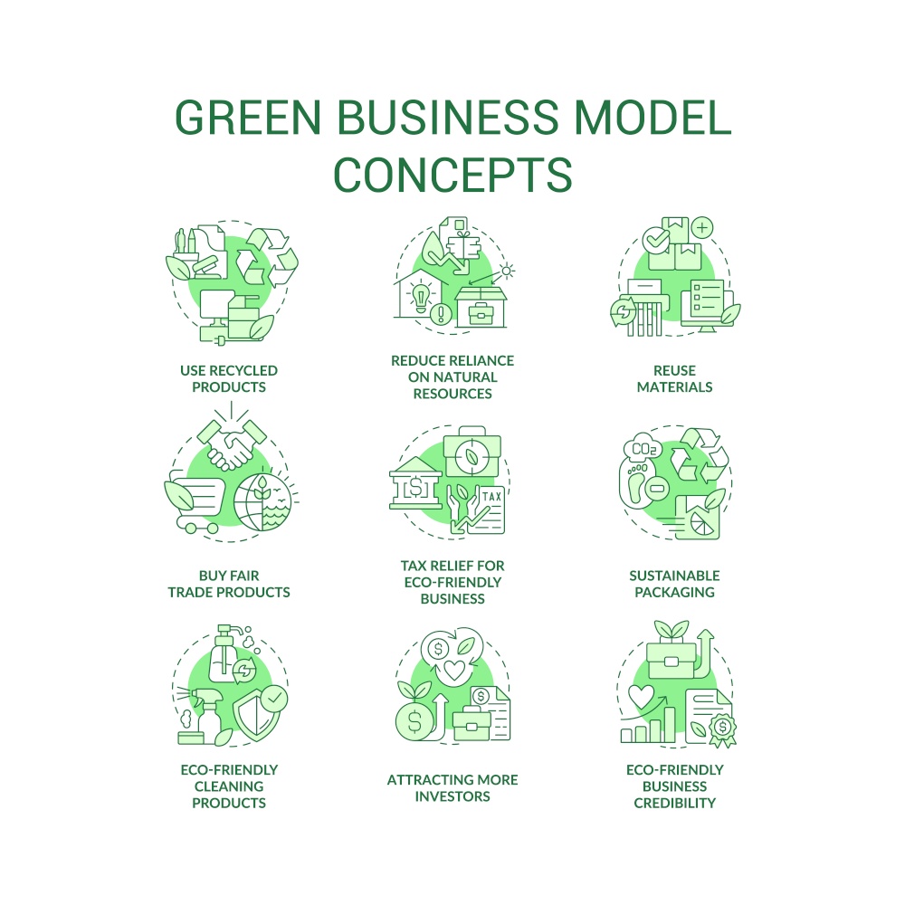 Ecological business model green concept icons set. Eco-friendly manufacturing idea thin line color illustrations. Isolated symbols. Editable stroke. Roboto-Medium, Myriad Pro-Bold fonts used. Ecological business model green concept icons set