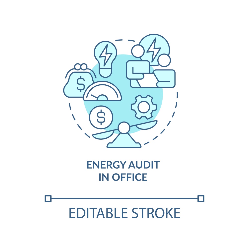 Energy audit in office turquoise concept icon. Reduce power consumption abstract idea thin line illustration. Isolated outline drawing. Editable stroke. Arial, Myriad Pro-Bold fonts used. Energy audit in office turquoise concept icon