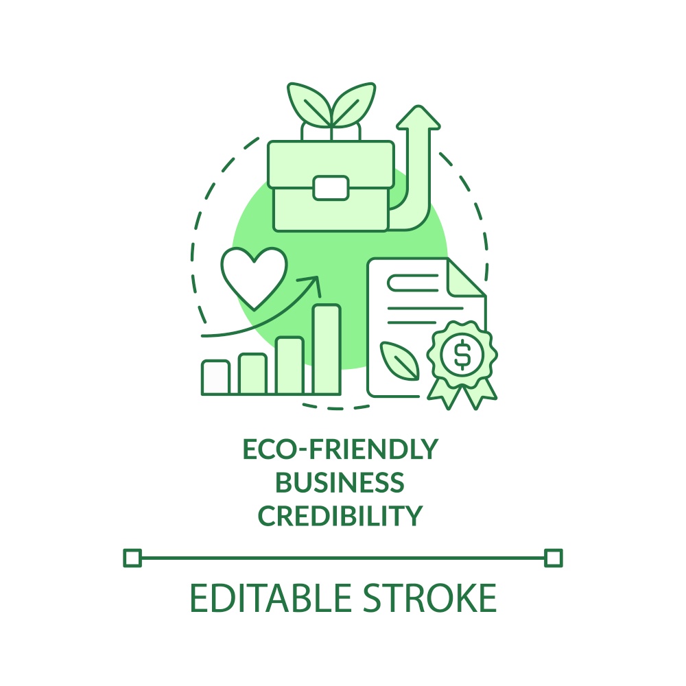 Eco-friendly business credibility green concept icon. Sustainable brand benefit abstract idea thin line illustration. Isolated outline drawing. Editable stroke. Arial, Myriad Pro-Bold fonts used. Eco-friendly business credibility green concept icon