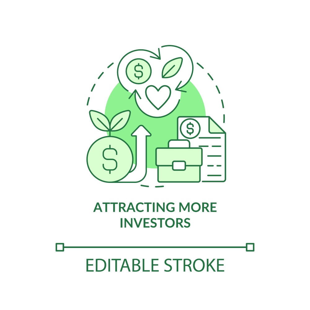 Attracting more investors green concept icon. Sustainable business benefit abstract idea thin line illustration. Isolated outline drawing. Editable stroke. Arial, Myriad Pro-Bold fonts used. Attracting more investors green concept icon