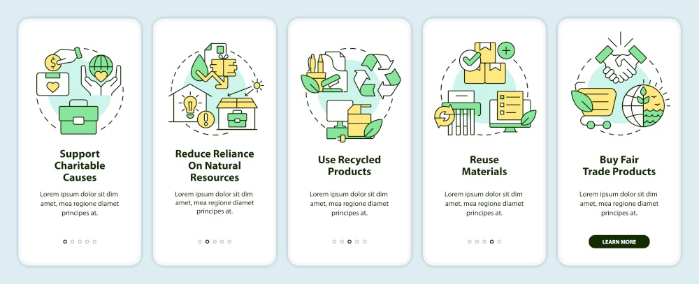 Eco-friendly business features onboarding mobile app screen. Walkthrough 5 steps editable graphic instructions with linear concepts. UI, UX, GUI template. Myriad Pro-Bold, Regular fonts used. Eco-friendly business features onboarding mobile app screen