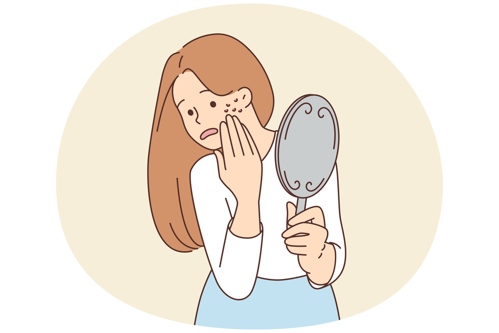 Stressed woman look in mirror worried about acne on cheeks. Unhappy female anxious about pimples on face. Facial skincare routine. Vector illustration.. Stressed woman worried about acne