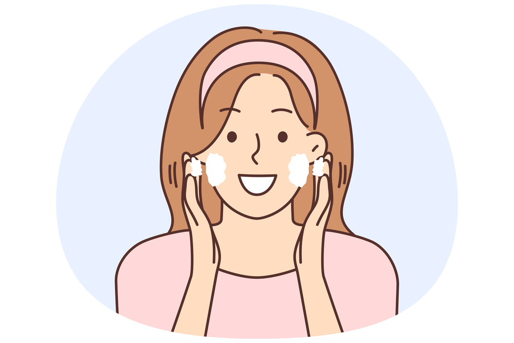 Smiling woman do beauty procedures at home. Happy girl apply face cream take care of skin. Skincare and cosmetology. Vector illustration.. Smiling woman do beauty procedures