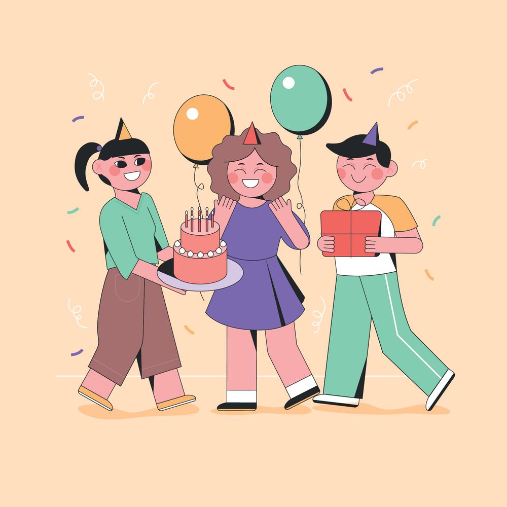 Illustrated people celebrating at a birthday party