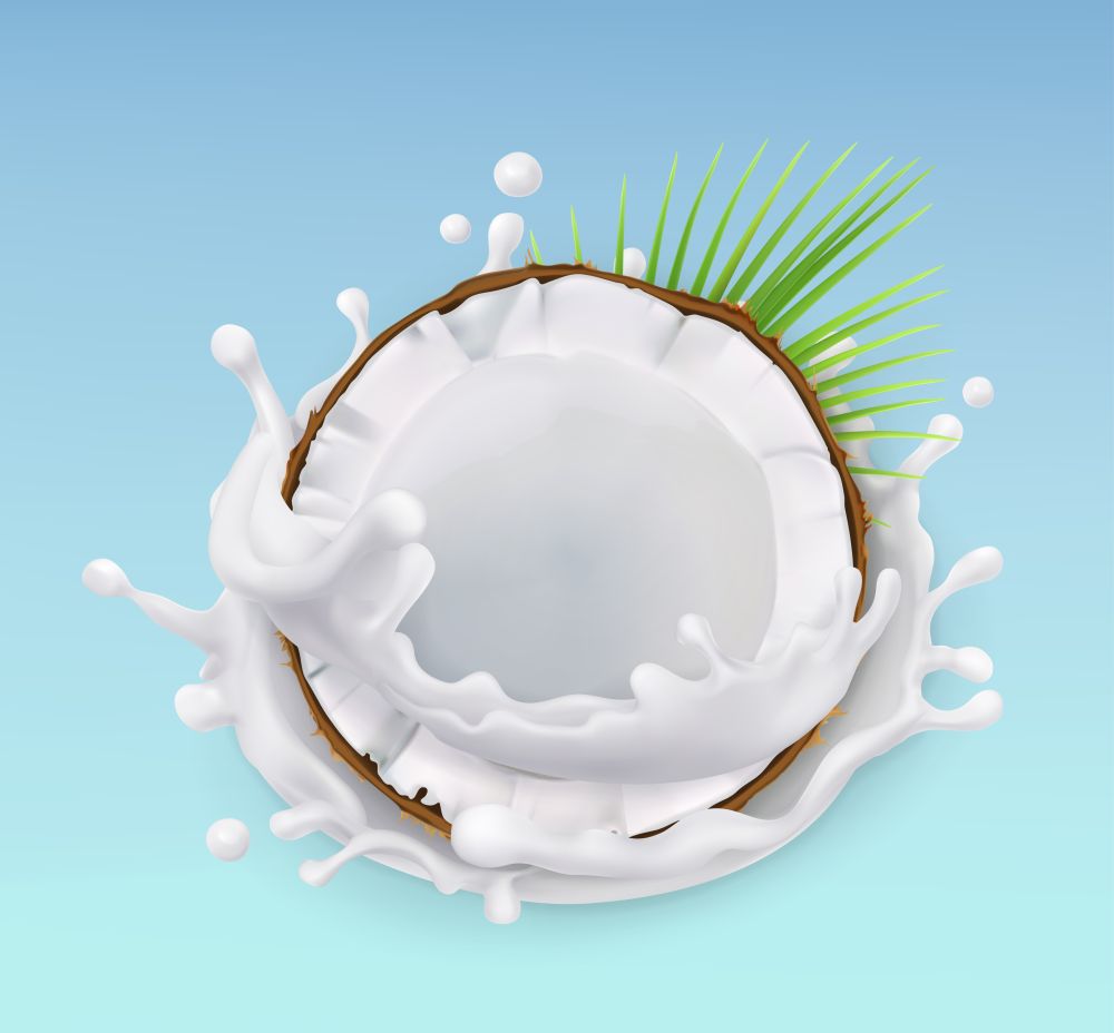 Coconut and milk splash. Fruit and yogurt. Realistic illustration. 3d vector icon