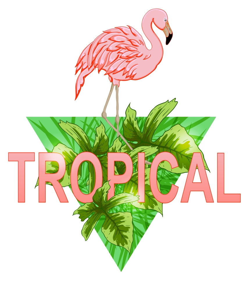 Pink flamingo and tropical leaves on a green triangle background
