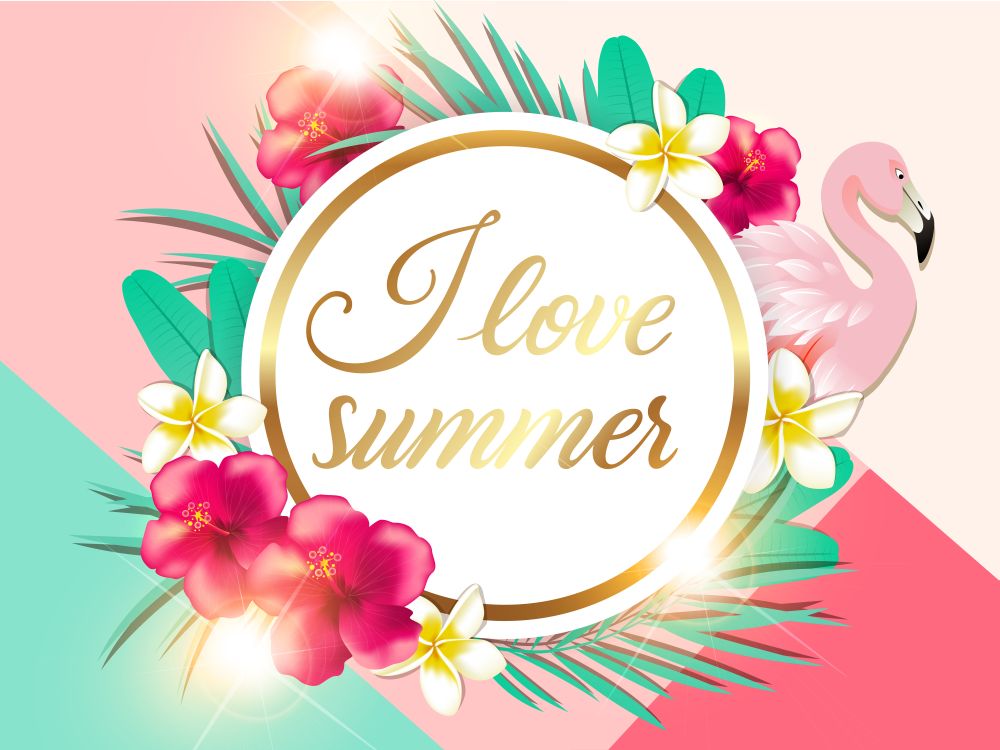 Abstract summer tropical background with green palm leaves, red flowers and pink flamingo. I love summer lettering.