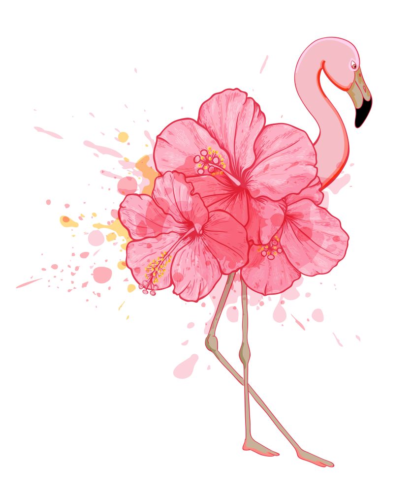Hand drawn vector pink floral flamingo on a white background