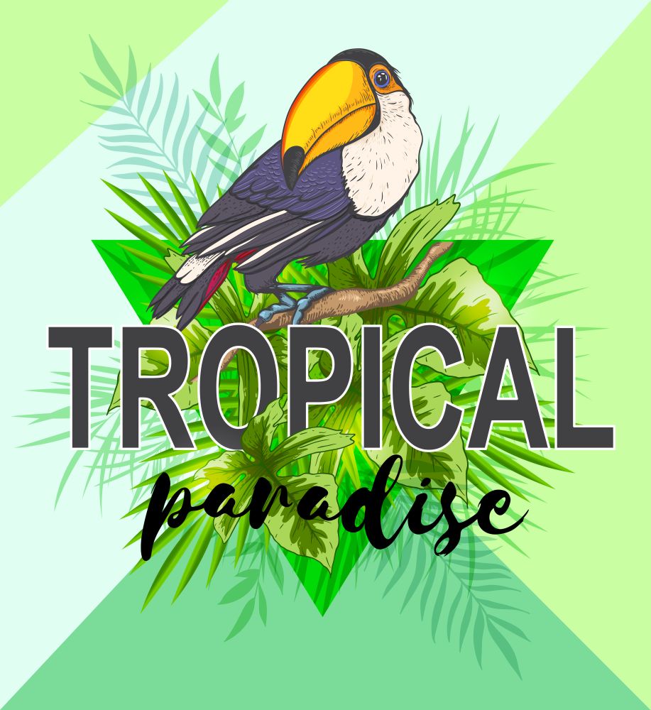 Green triangle with palm leaves and toucan bird. Abstract tropical summer background.