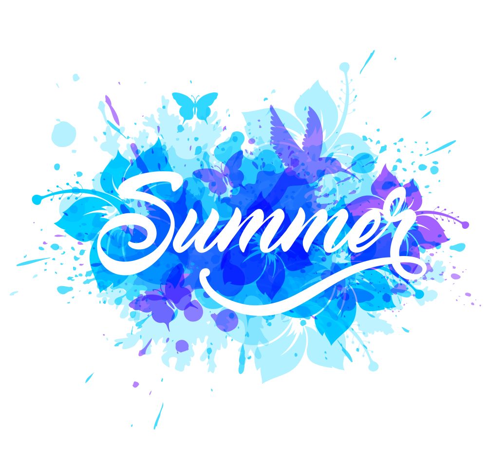 Abstract blue summer tropical background with bird, flowers and lettering