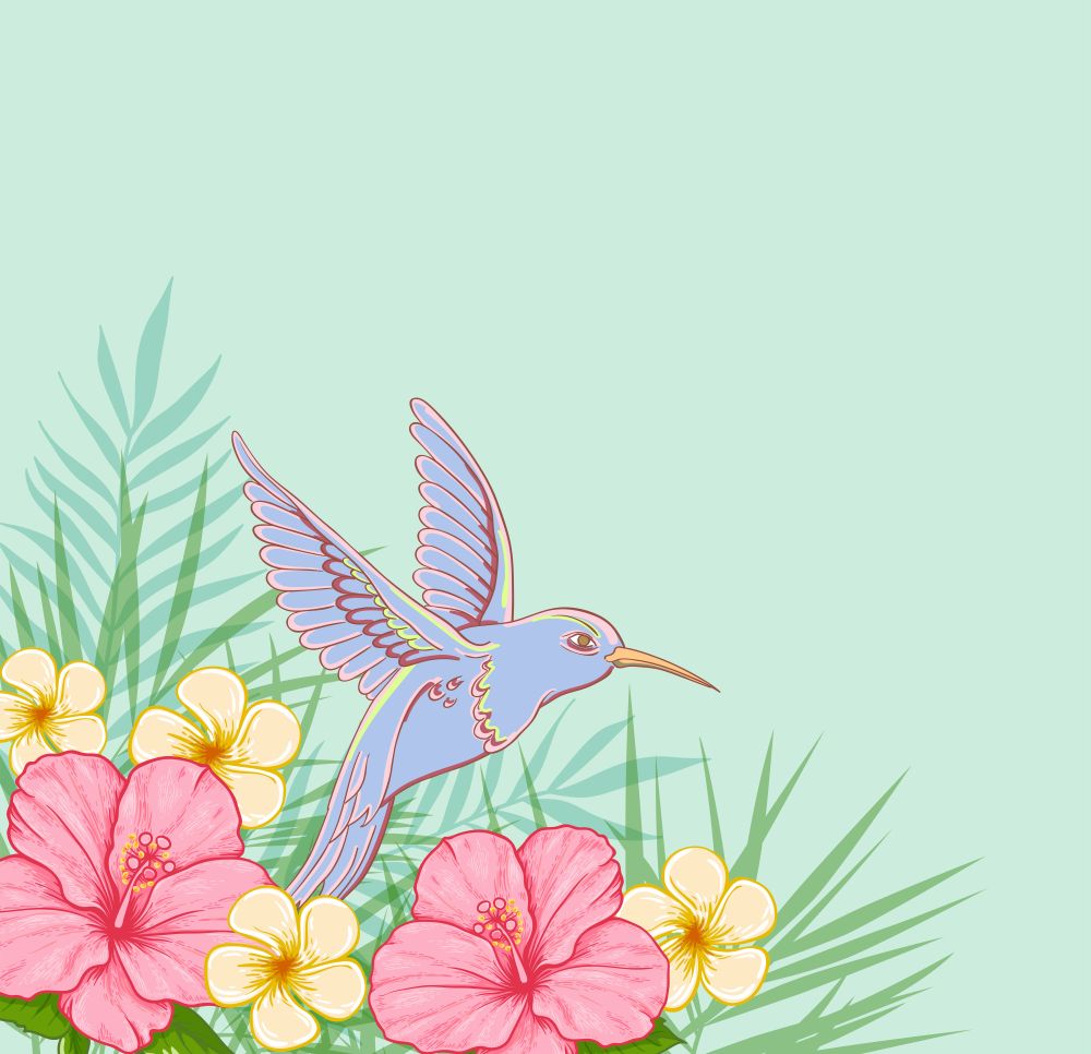 Tropical green background with pink flowers and flying bird