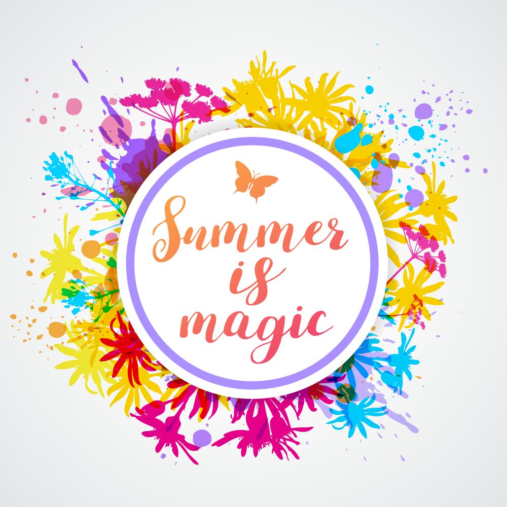 Round summer banner on a bright abstract floral background. Summer is magic lettering