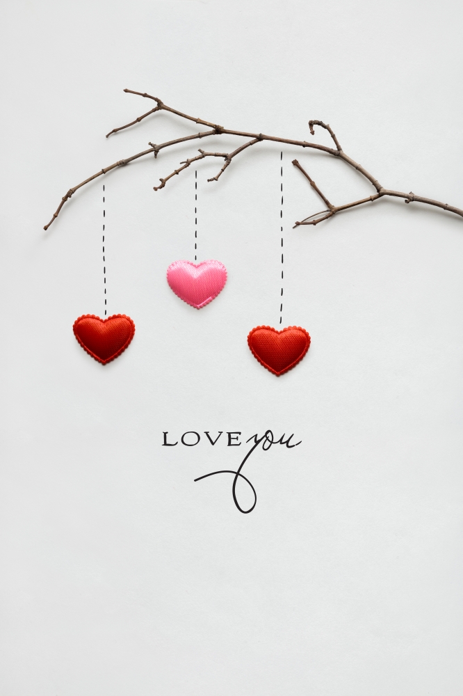 Creative valentines concept photo of a branch with hearts on white background.
